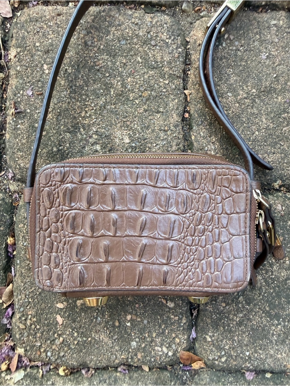 G.I.L.I. Brown Croc Embossed Leather Double Zip Crossbody Wallet Bag